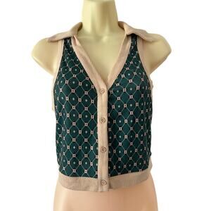 SHEIN Green Retro Print Knit Vest Crop Top Collar Woman Size XS